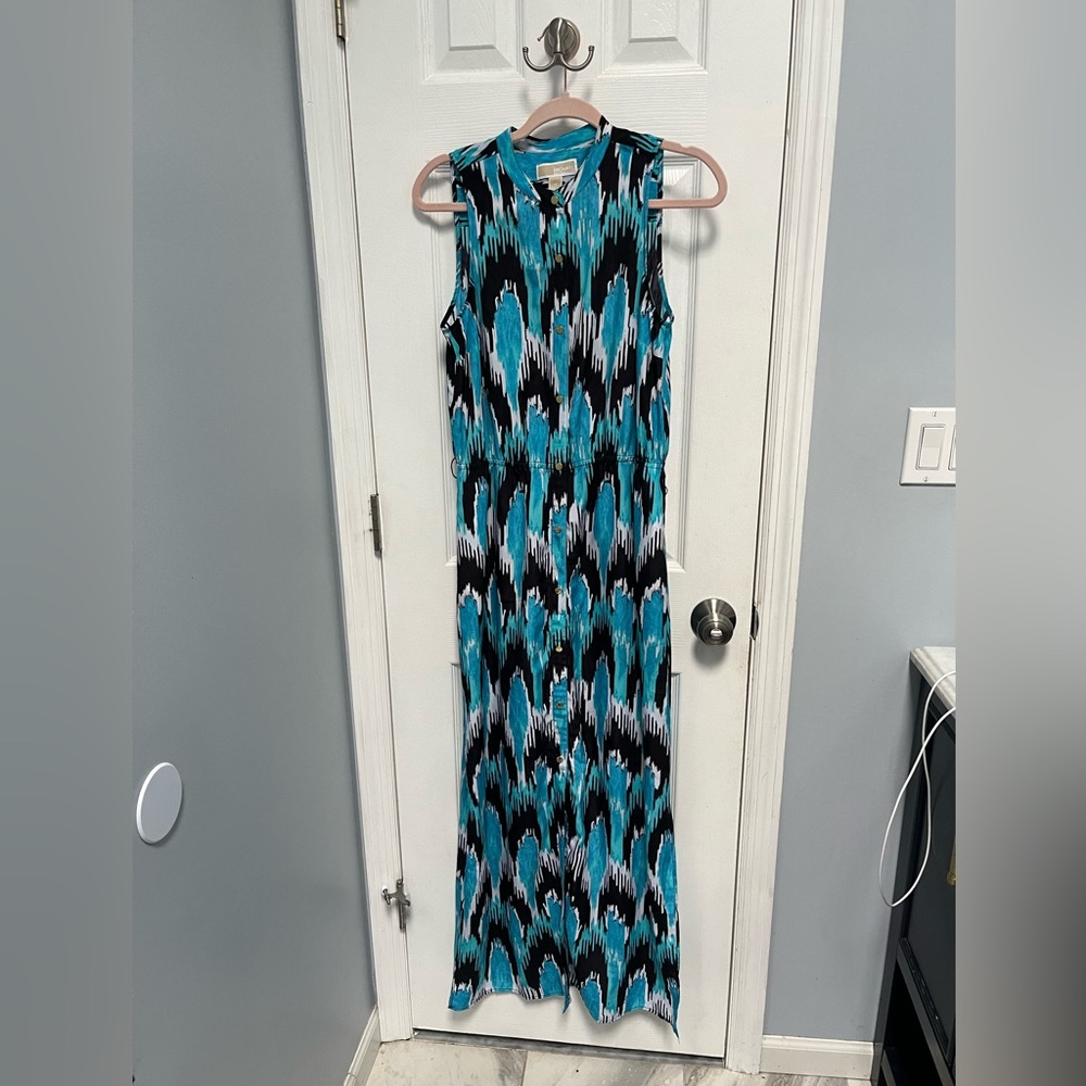 Michael Kors Sleeveless maxi dress Medium teal black ikat print Button Slits